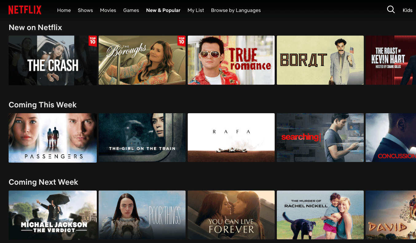 Netflix web home page with the top navigation bar visible and three horizontally-scrolling rows below: New on Netflix, Coming This Week, and Coming Next Week.