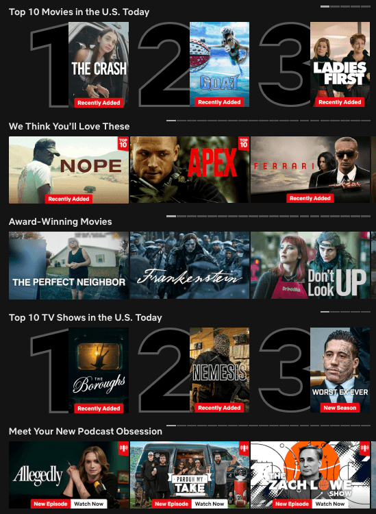 Netflix mobile home screen showing five stacked rows: Top 10 Movies in the U.S. Today, We Think You'll Love These, Award-Winning Movies, Top 10 TV Shows in the U.S. Today, and Meet Your New Podcast Obsession.