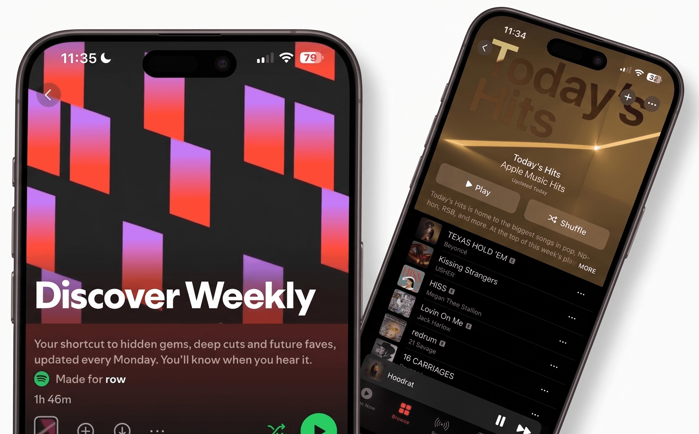 Two phones side by side: Spotify's algorithmically-generated Discover Weekly playlist on the left, Apple Music's hand-curated 'Today's Hits' on the right.