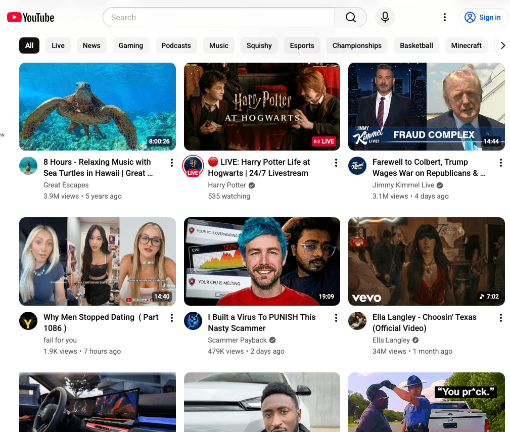 YouTube home page showing a chaotic mix of thumbnails: a relaxing sea-turtles ambience video, a live Harry Potter event, a Colbert farewell political commentary, a 'Why Men Stopped Dating' explainer, a 'PUNISH This Nasty Scammer' prank, and an Ella Langley music video.