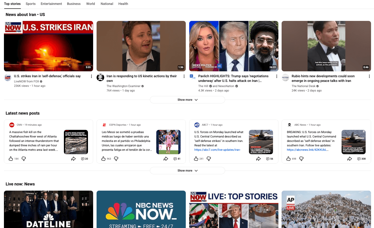 YouTube's News experience page showing a hero row of 'News about Iran · US' video thumbnails, a 'Latest news posts' row of social-style cards, and a 'Live now: News' row featuring NBC News Now, Dateline, and AP live feeds.