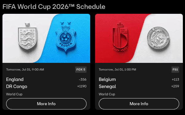 Fox One's World Cup 2026 tiles showing embossed country team shields alongside betting odds for each match.