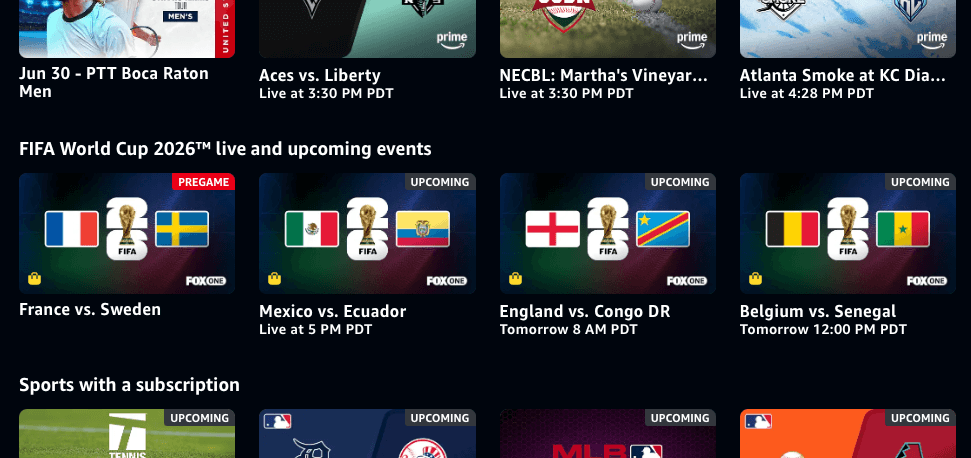 Prime Video's Fox One World Cup 2026 row, with a small red 'PREGAME' badge on the currently-airing match tile.