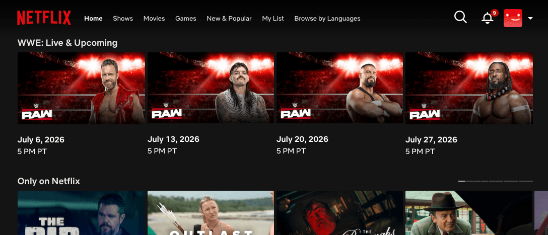Netflix's WWE Raw event tiles, showing multiple wrestlers in shirtless poses against repeating red-and-black backgrounds with the RAW logo repeated.