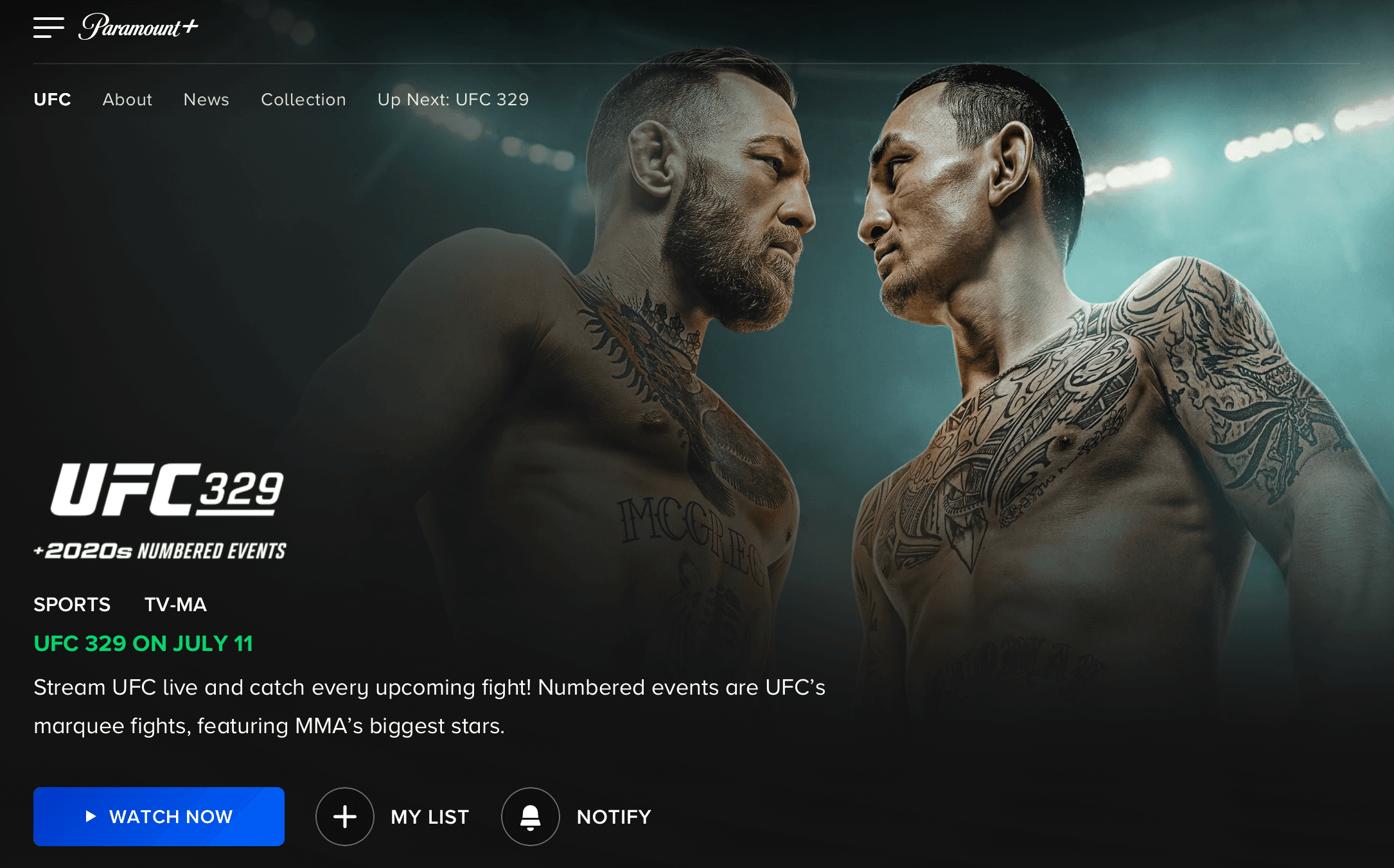 Paramount+ UFC event hero page showing two fighters face-to-face, with a 'Watch Now' call-to-action button below.