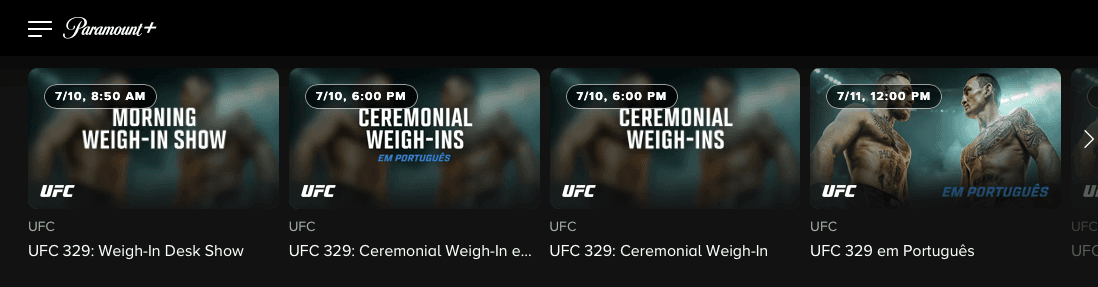 Paramount+ UFC 329 event row showing multiple tiles, each labeled 'UFC' multiple times across thumbnail, subtitle text, and title, with fighter imagery de-emphasized.