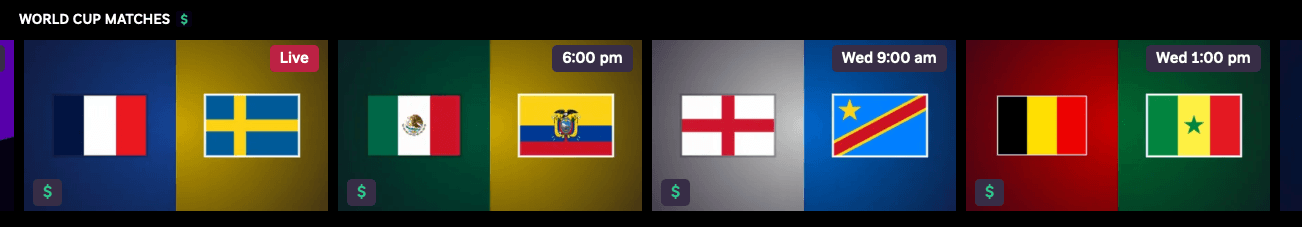 Roku's Sports Zone World Cup 2026 row showing match tiles with country flags as the primary imagery.