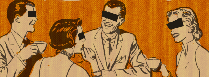 Four 1950s partygoers laughing, their eyes covered by black censor bars